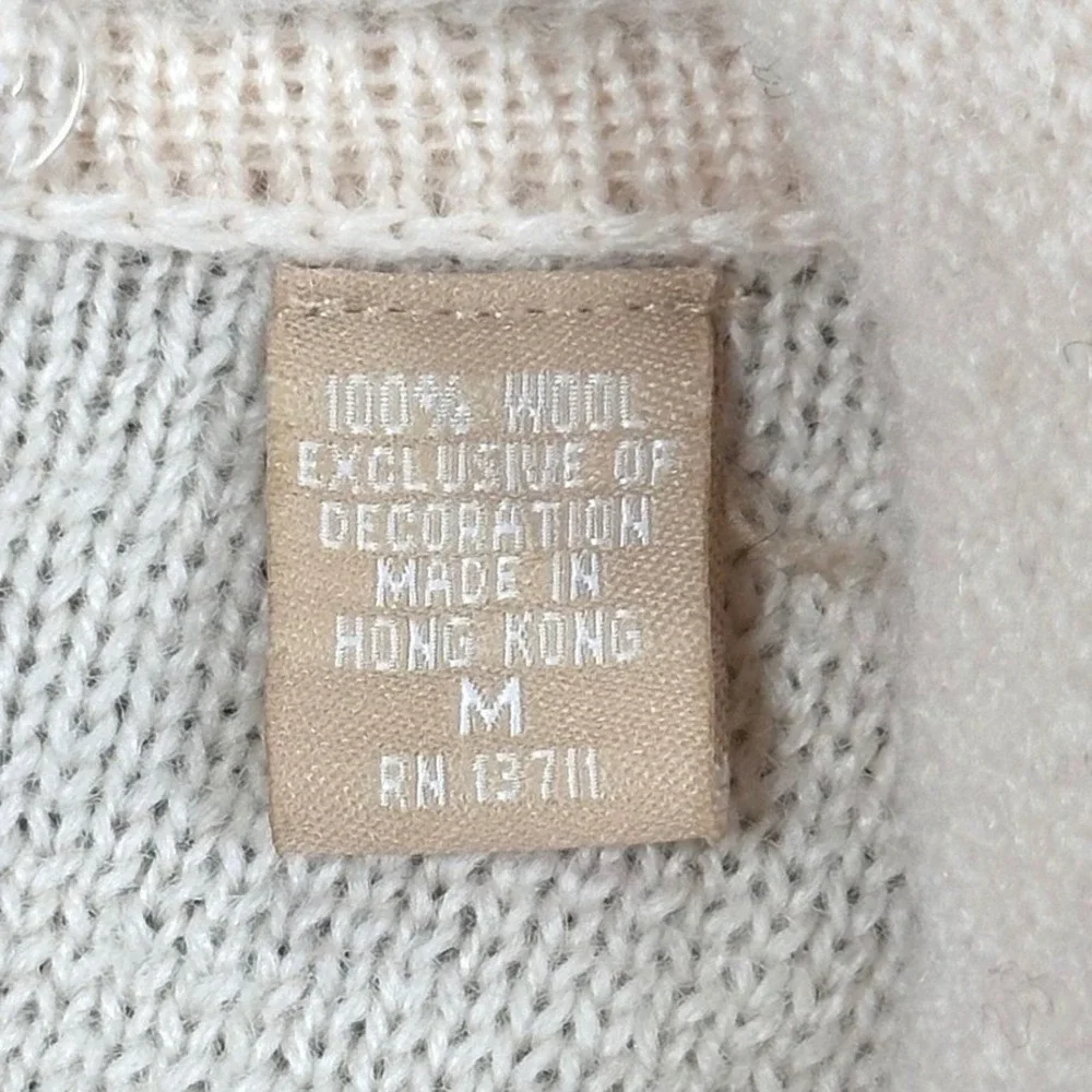 Kate Hill Wool Zip Cardigan Womens M Cream Snowflake Holiday Sweater Vintage 90s